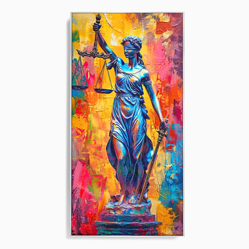 Tablou canvas cu tablou canvas cu zeita justitiei, in rama de aluminiu argintiu